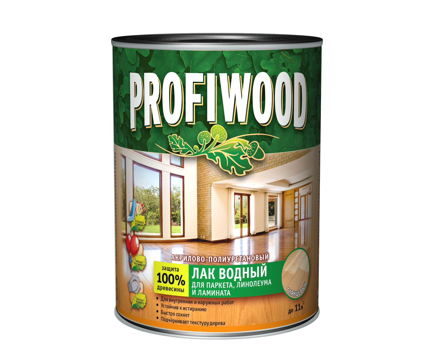 лак водный  profiwood для паркета, линолеума и ламината глянцевый 1,8 кг/6